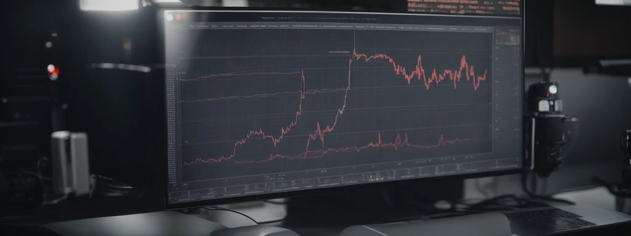 a computer screen displaying a graph of search engine rankings with an ai robot analyzing the data.