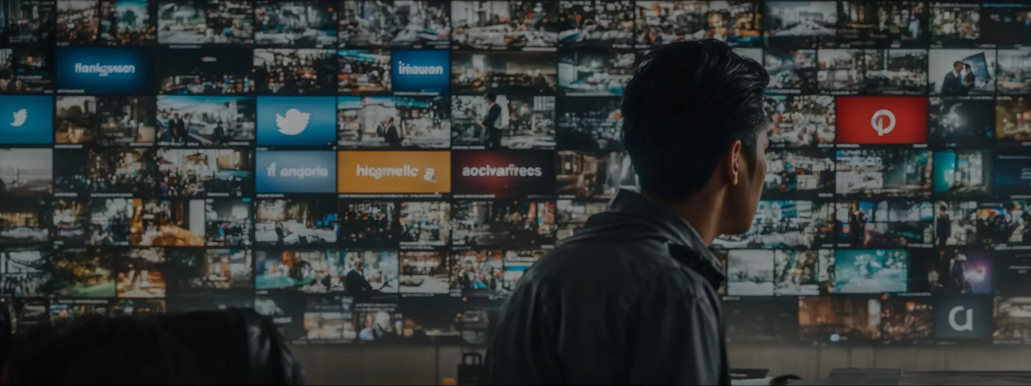 a marketer gazes intently at a large screen displaying various social media platforms, poised to respond to notifications.