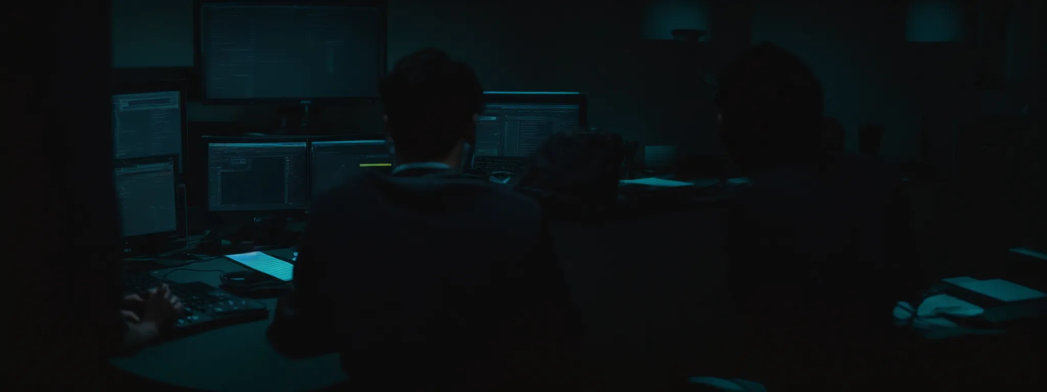 a person sitting at a computer closely analyzing on-screen text and making strategic adjustments to web content.