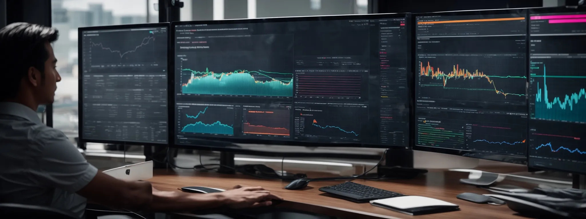 a professional at a sleek, modern workspace oversees a vibrant, analytics dashboard on a computer screen, reflecting a surge in marketing performance.