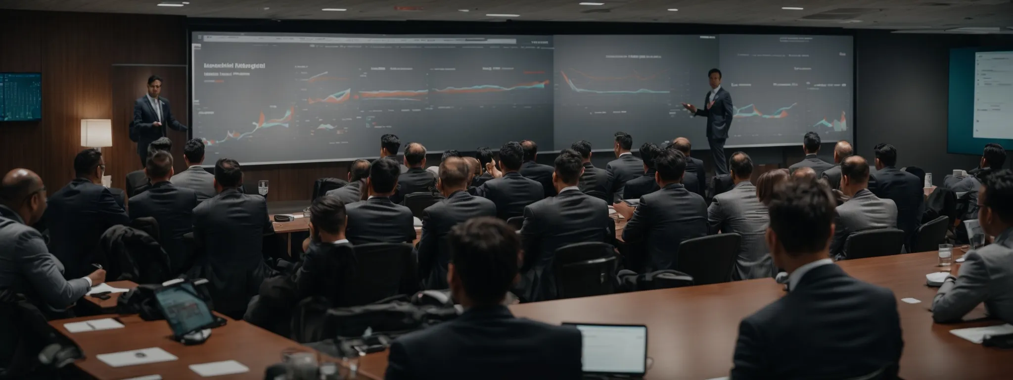 a digital marketing conference room filled with professionals focusing on a presentation about data analytics.