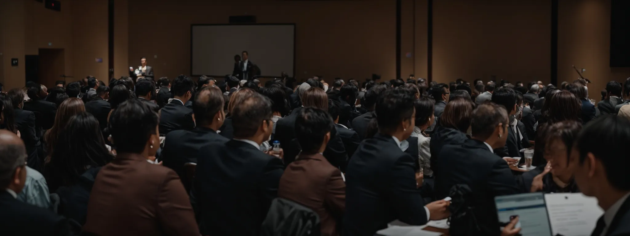 a researcher presenting at a biotech conference while attendees network in the background.