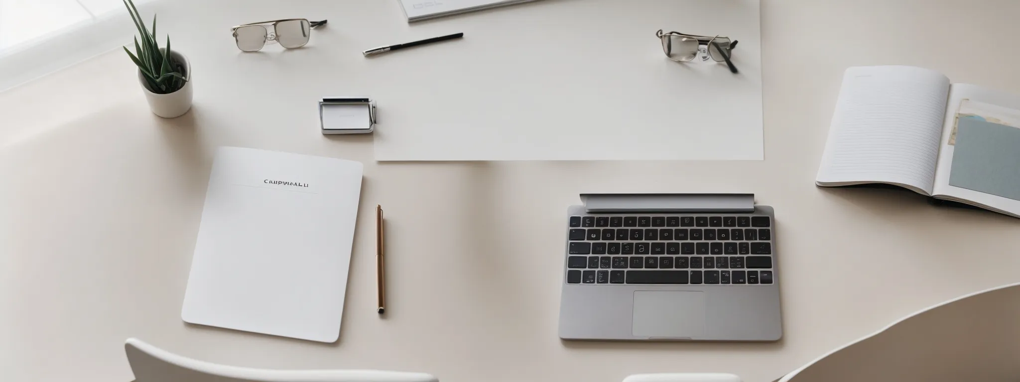 a computer, an open notepad, and a pair of glasses laid out on a minimalist, modern desk, with a serene office surrounding suggesting a strategic seo planning session.