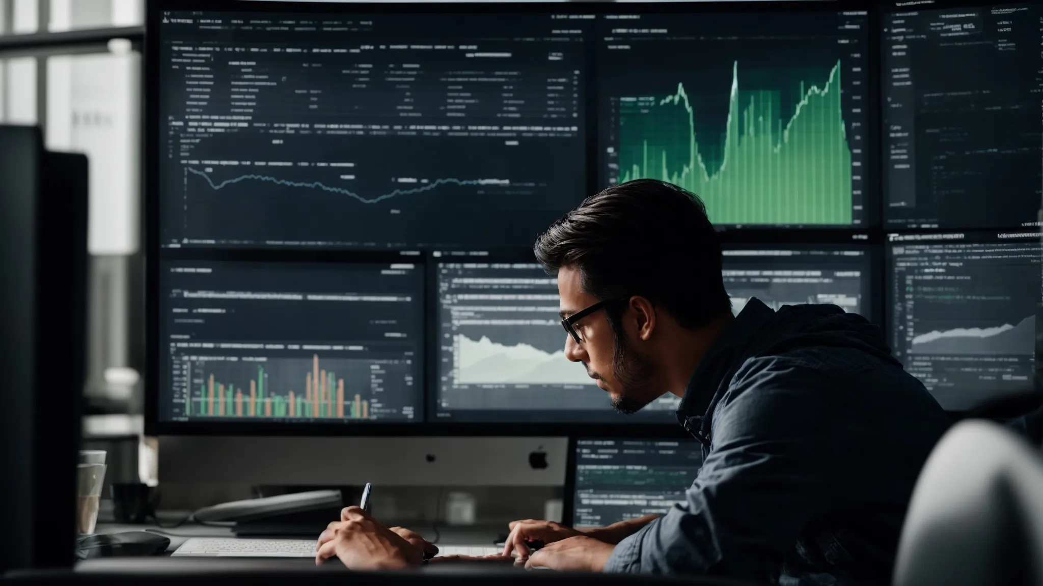 a web developer analyzing a website's performance metrics on a large computer screen with multiple browser tabs open displaying various seo analysis tools.
