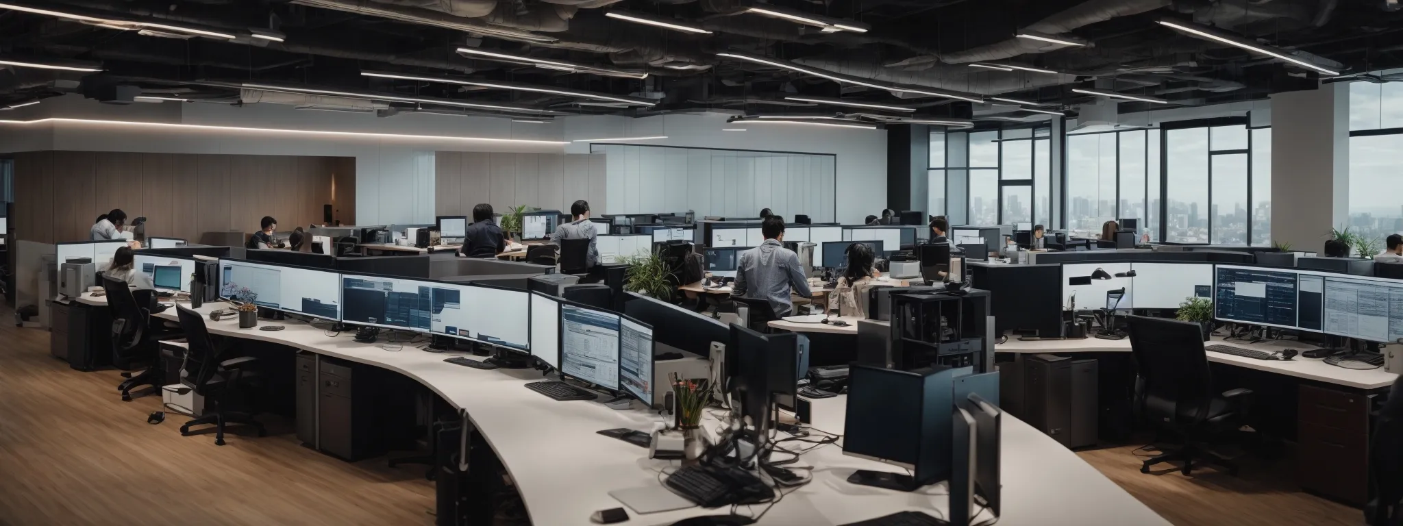 a panoramic view of a modern office space with computers displaying analytics and a diverse team collaborating on a digital project.