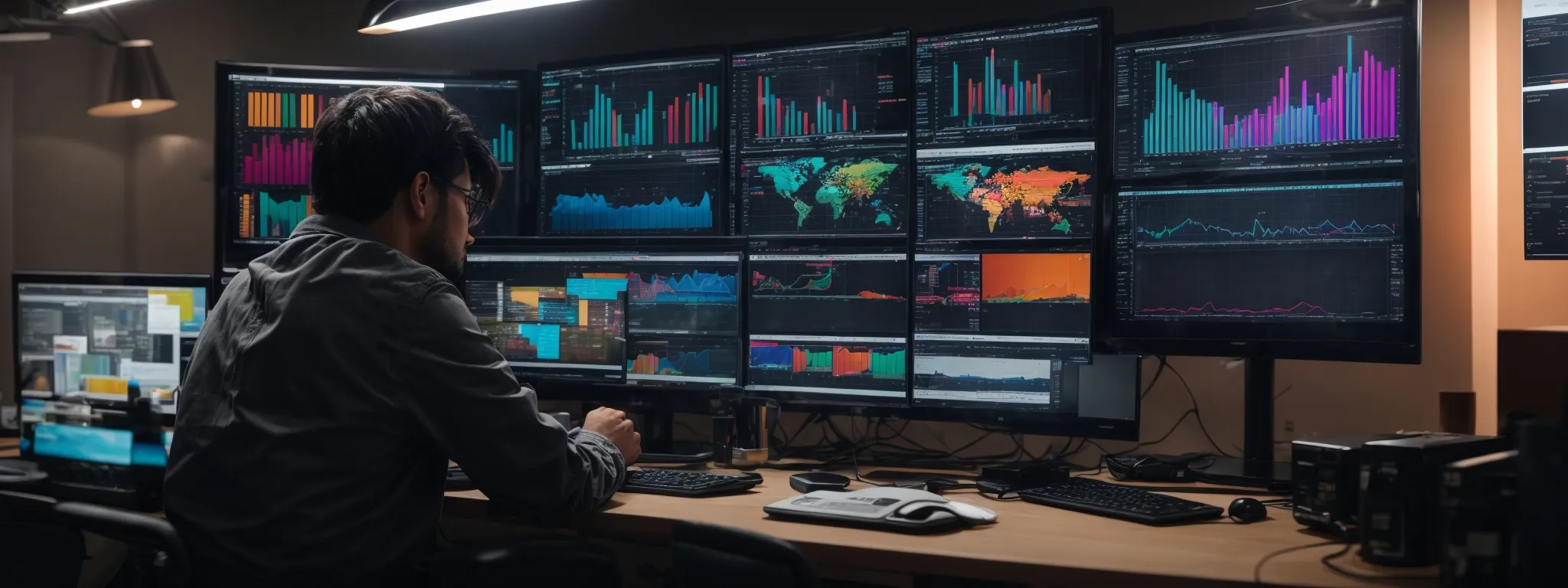 a focused individual working on multiple monitors displaying colorful analytics and data visualizations related to website traffic and keyword trends.