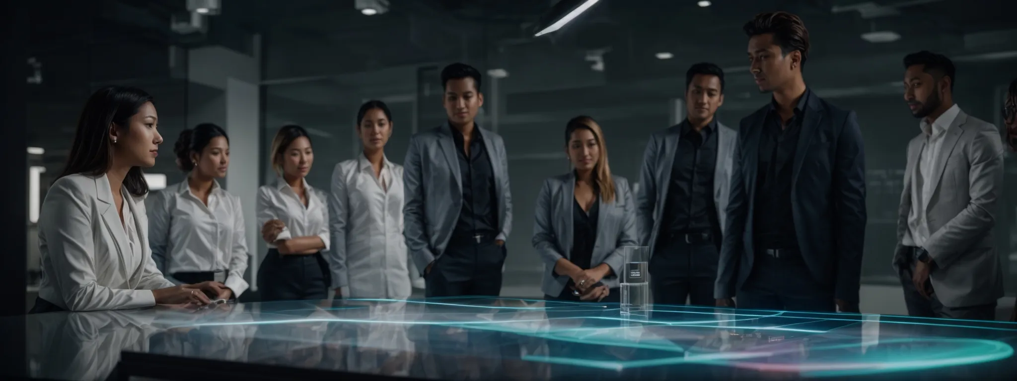 a digital marketing professional presents a futuristic analytics dashboard to a group of attentive colleagues around a glass table with a holographic projection.