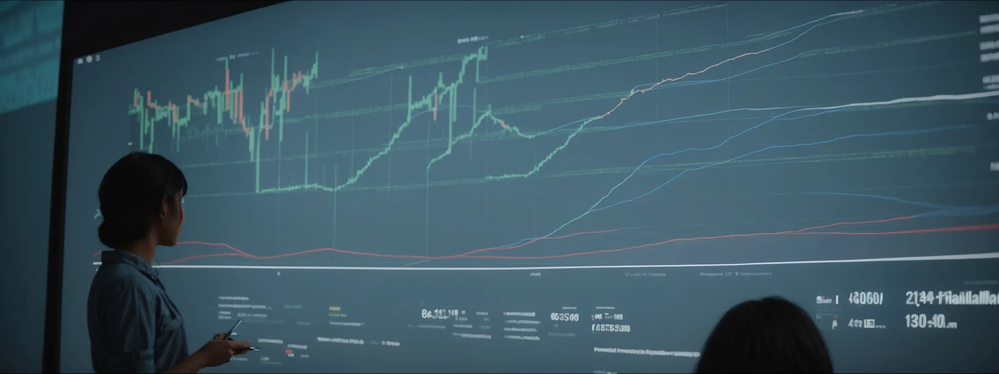 a person analyzing graphs on a large screen showing website traffic and interaction patterns.
