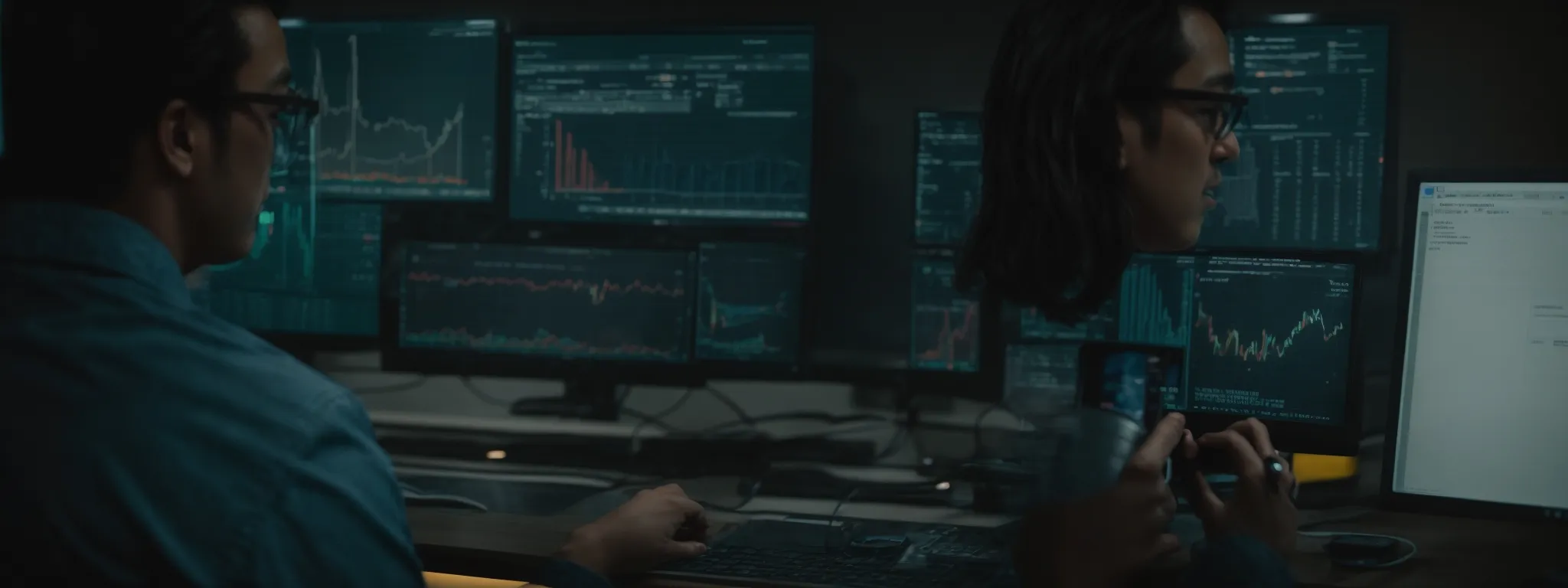 a marketer reviews analytical data on a computer screen, strategizing for seo investments.