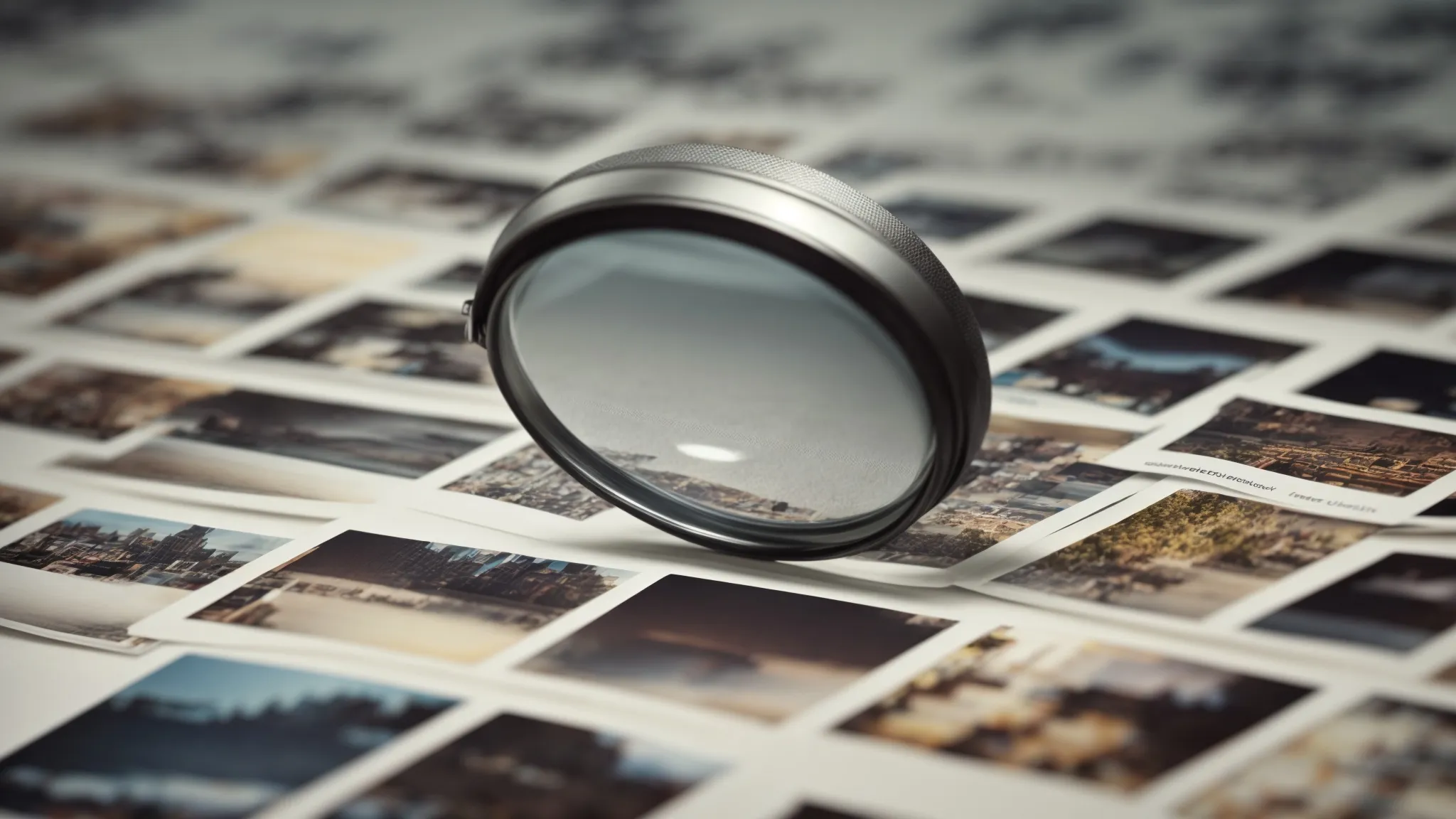 a magnifying glass hovering over a neatly organized grid of generic website thumbnail images.