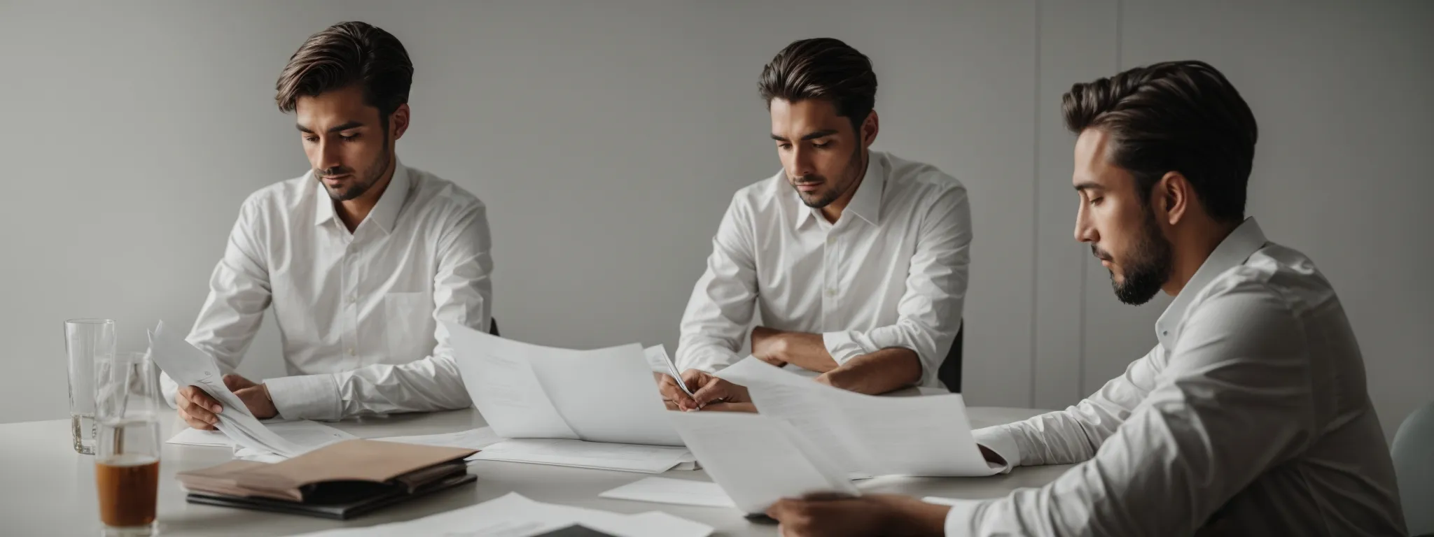 two professionals sit at a minimalist table focusing on a document between them, embodying consultation and agreement.