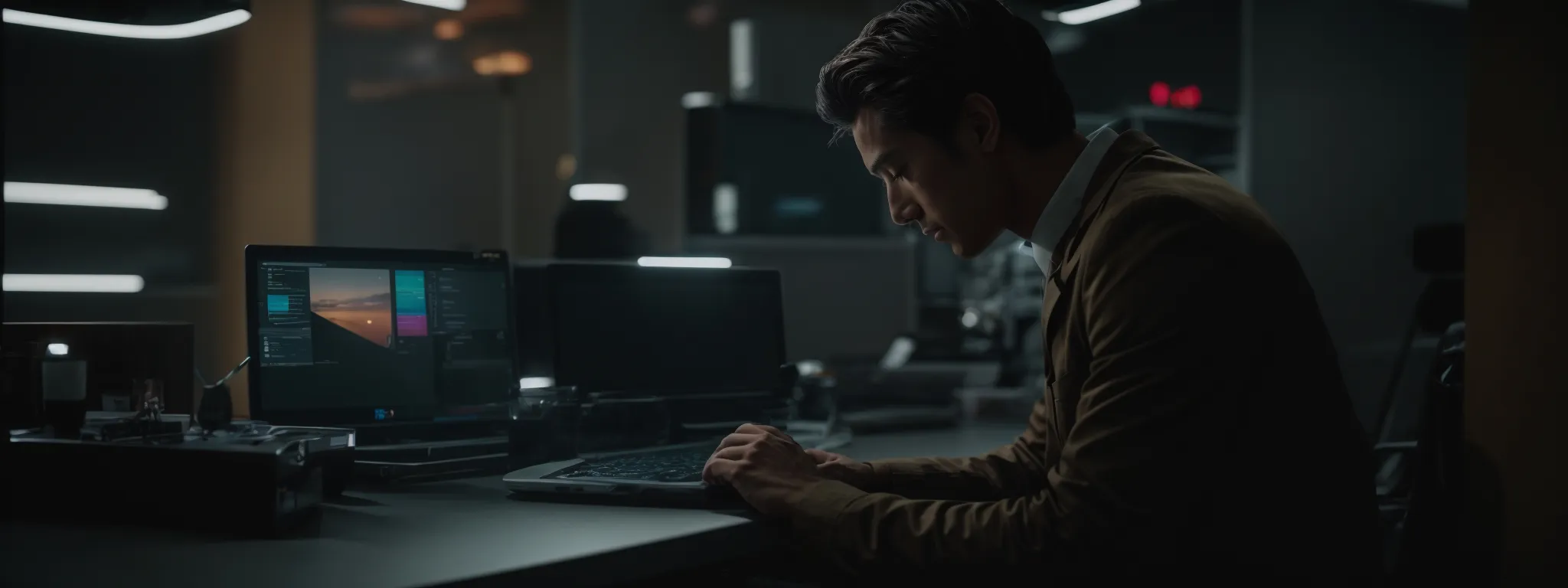a human figure sitting at a computer, intently adjusting settings on a sophisticated digital interface, symbolizing google's algorithm improvements.