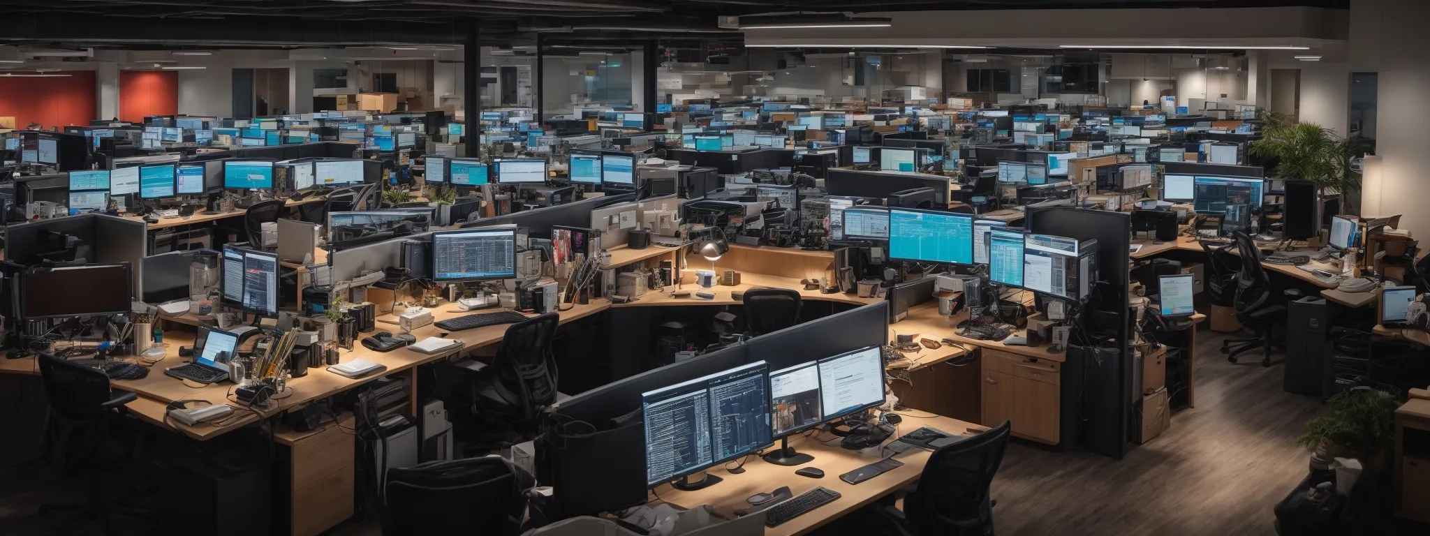 a bustling digital marketing office with an array of dual-monitor setups displaying colorful analytics and search engine result pages.