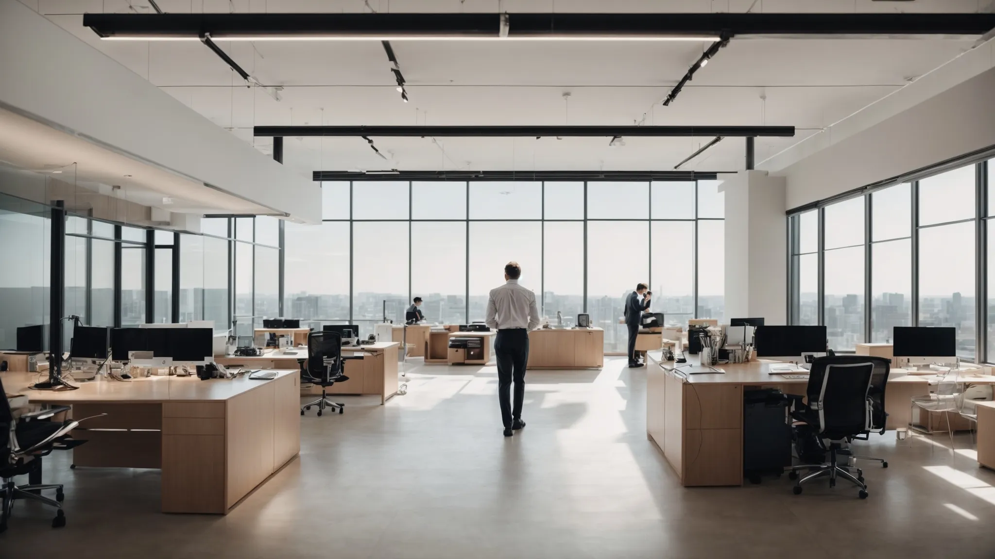 a professional with a camera capturing a well-lit, spacious office with a clean, modern aesthetic.