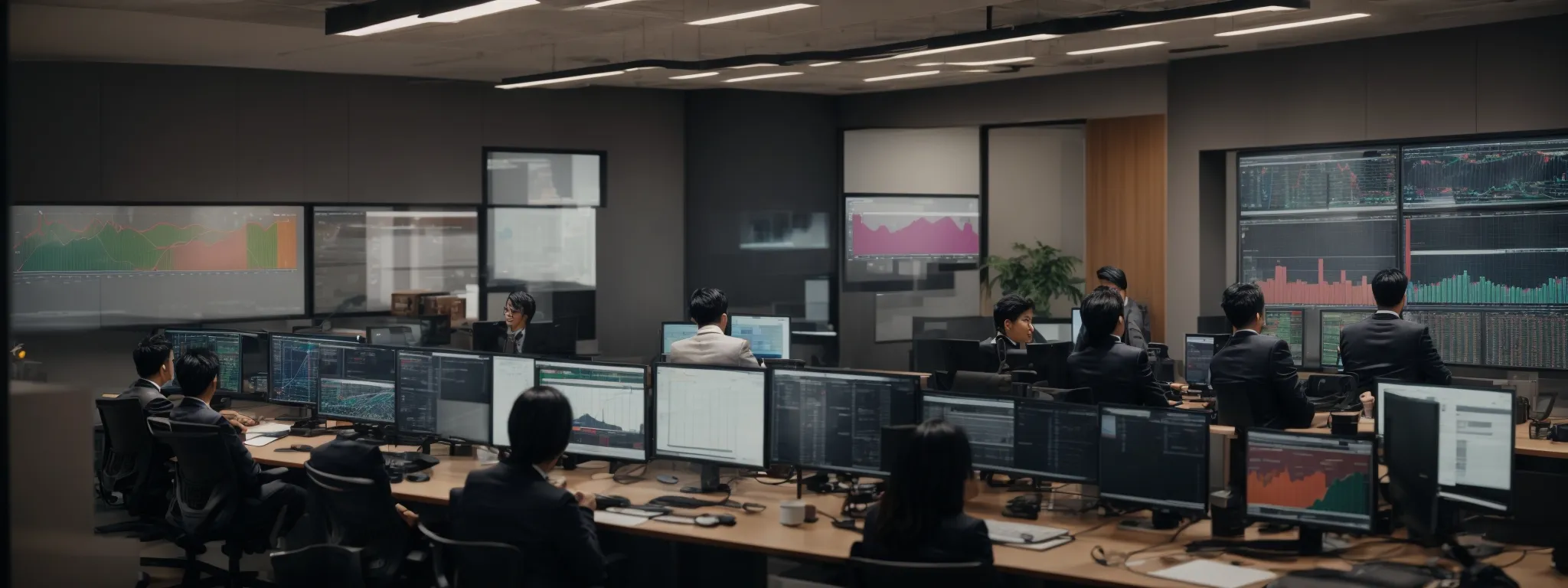 a panoramic view of a strategizing session, with a large computer monitor displaying colorful graphs and analytics in a modern office setting.