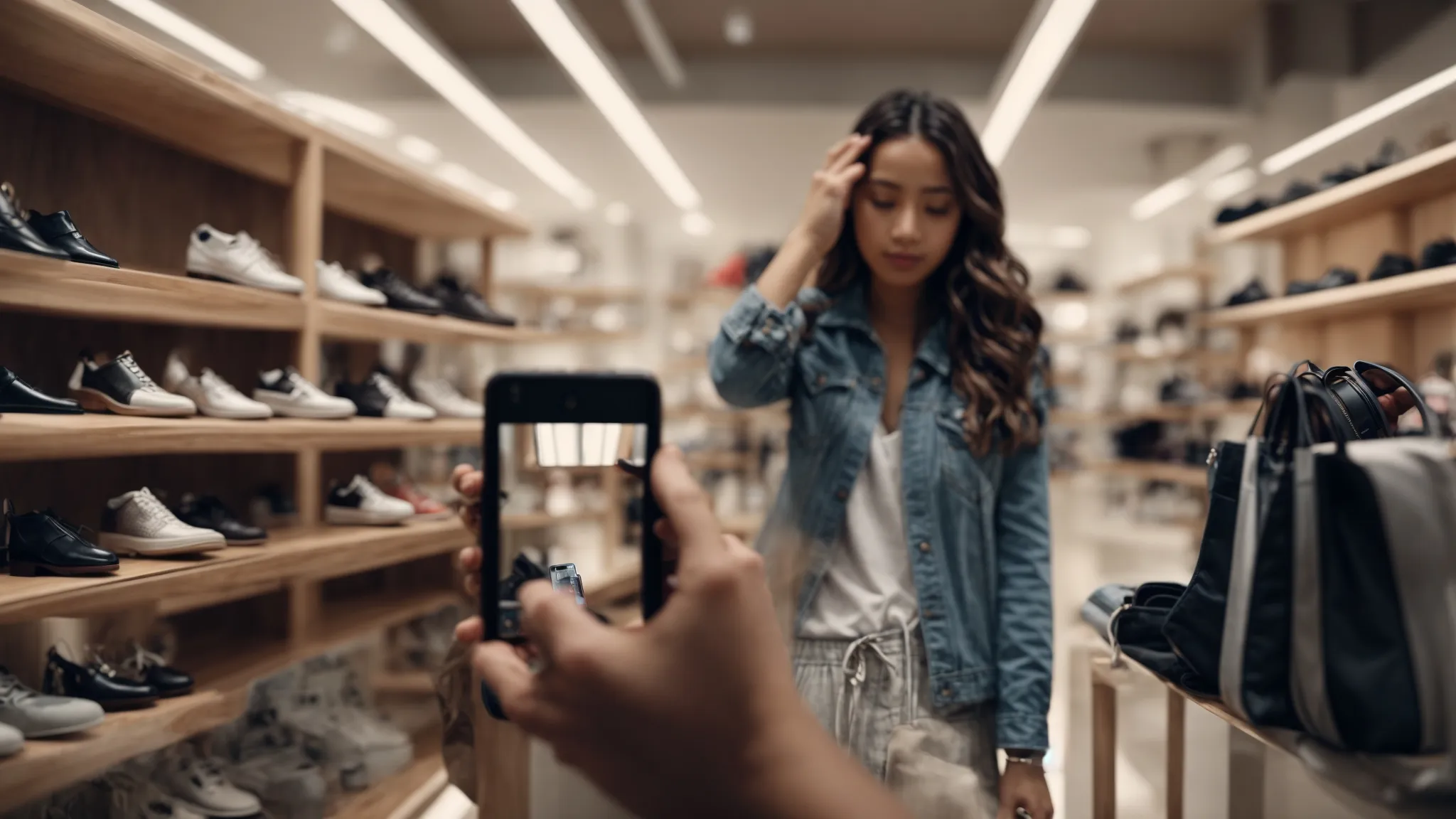 a shopper points a smartphone camera at a pair of shoes in a store, capturing the image for a visual search.