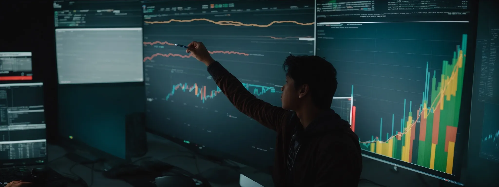 a person pointing at a large screen showing colorful graphs and website traffic data while another individual takes notes.