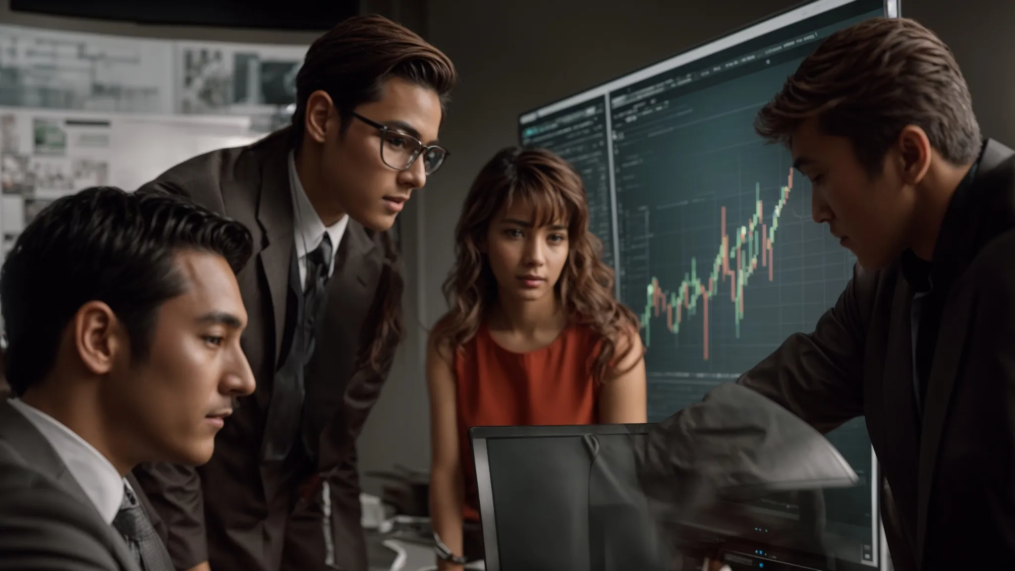 a group of puzzled marketers surrounding a computer screen showing a graph indicating a trend shift.