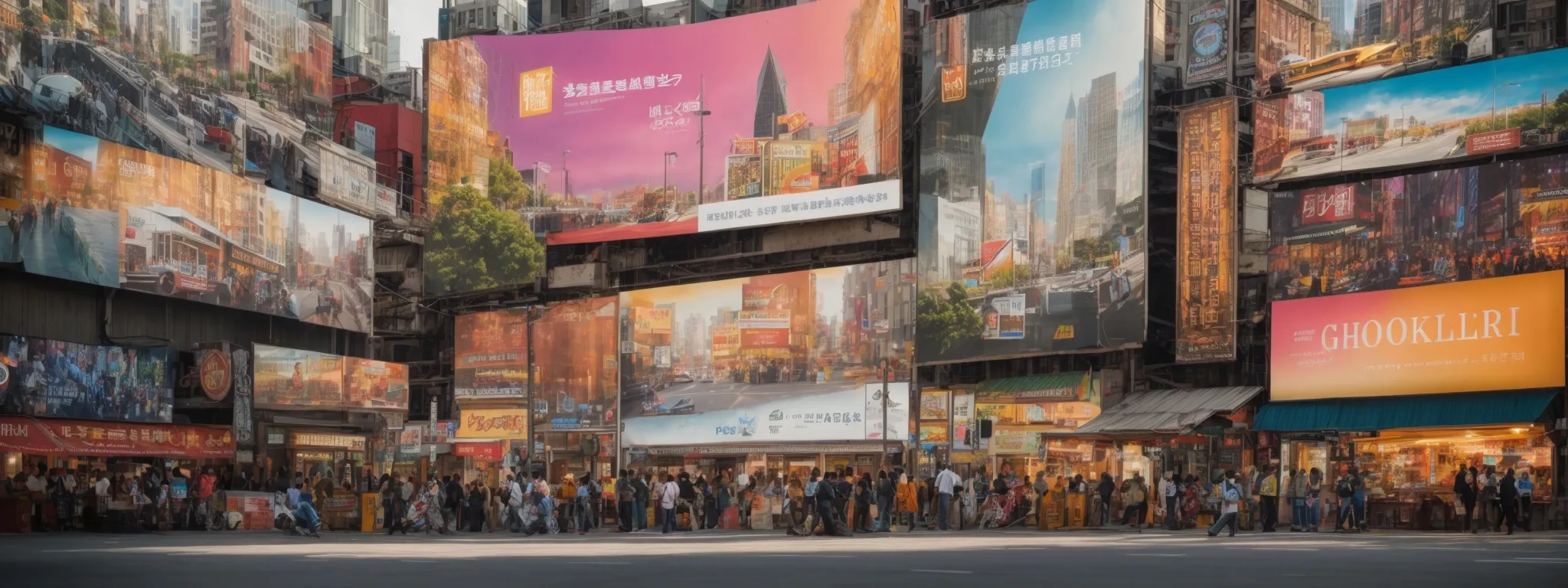 a diverse array of colorful billboards showcasing various products tailored to an array of distinct cultural backgrounds in a bustling city square.