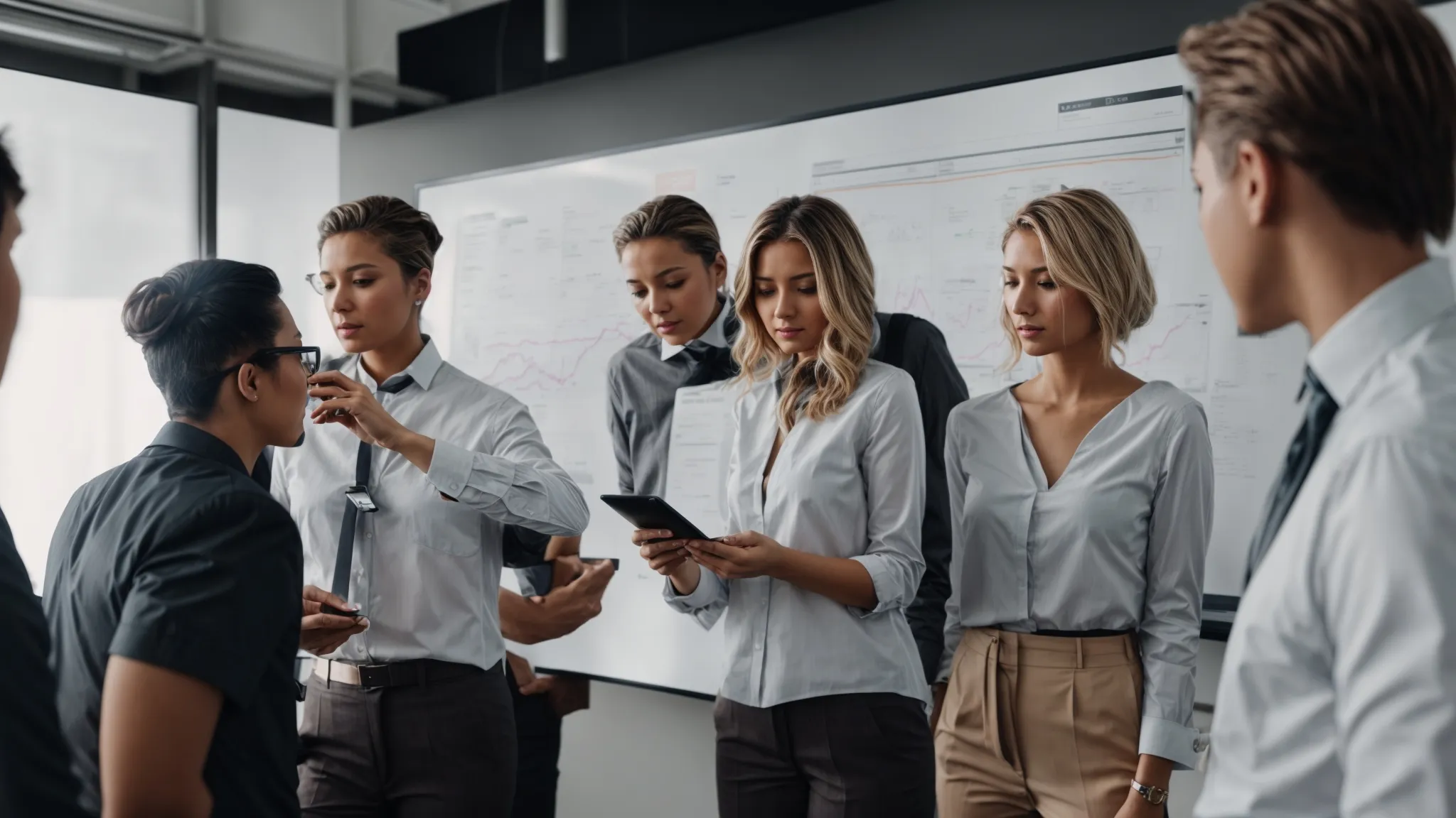 a bustling marketing team brainstorming around a digital whiteboard with traffic growth graphs.
