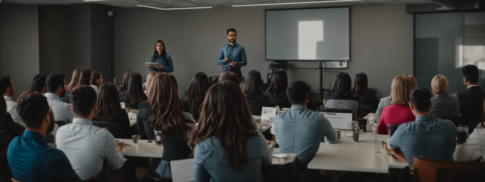 a social media strategist presents a vibrant digital marketing workshop to a group of engaged professionals.
