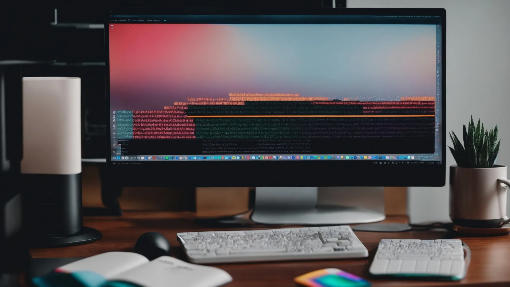 a person at a sleek workspace with dual monitors displaying colorful javascript code, a coffee mug, and a notepad open next to a keyboard.
