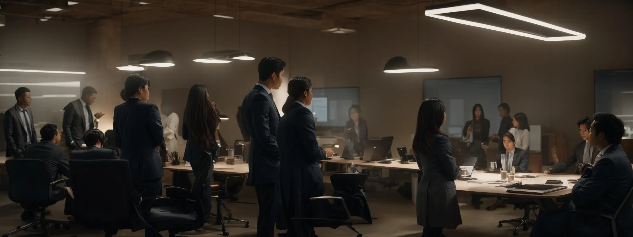 a group of professionals gather around a conference table with laptops, strategizing under the soft glow of overhead lights in a modern office space, free from the visible scars of conflict.