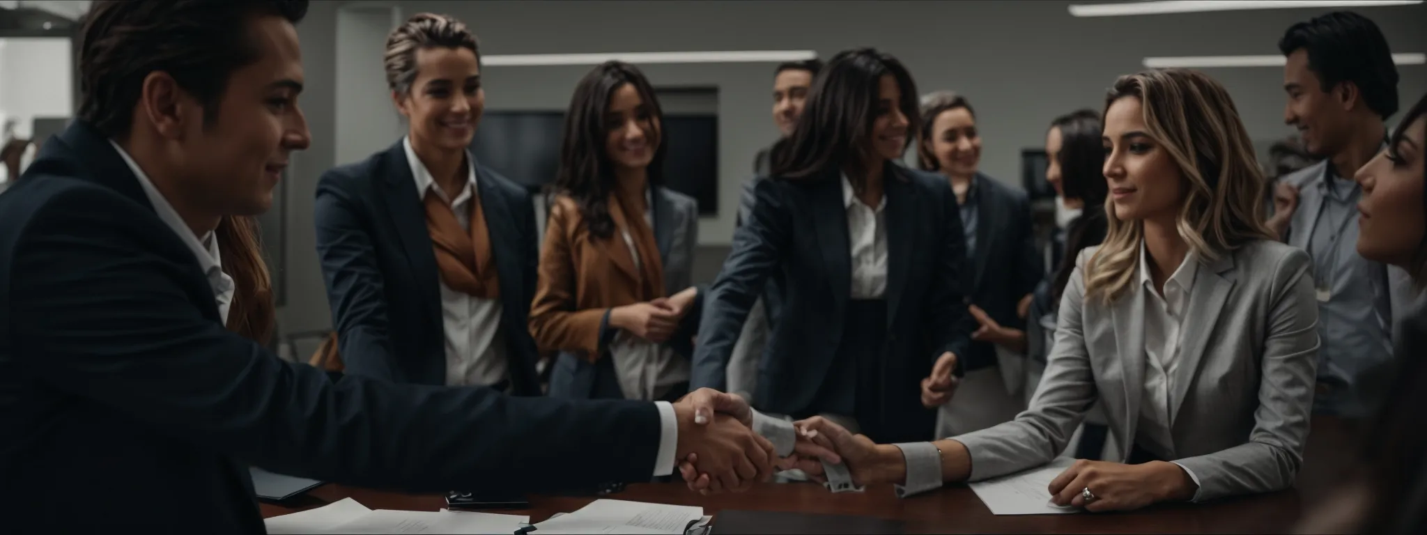 Business professionals shaking hands across a conference table while their colleagues look on and smile in a formal meeting room