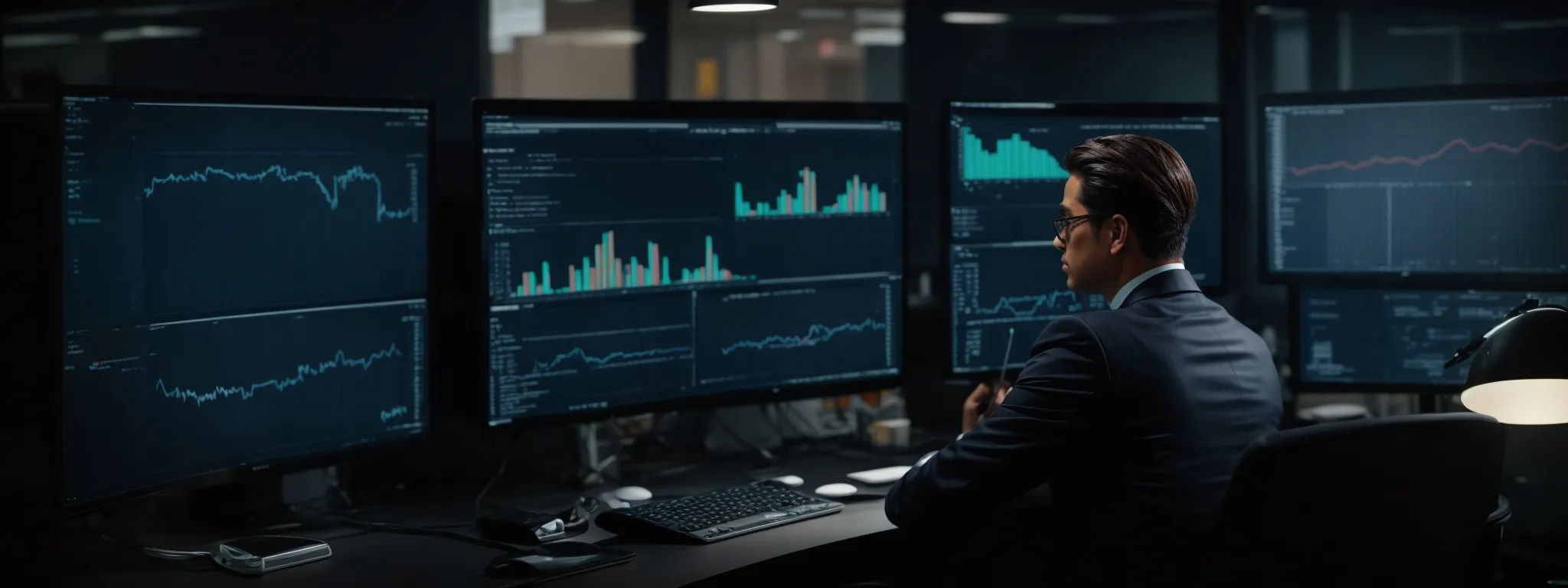 a businessperson sits thoughtfully at a desk with a computer screen displaying analytics graphs, symbolizing contemplation of seo strategies.
