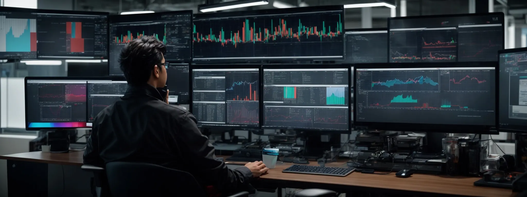 a person sits at a modern workspace with multiple computer screens displaying colorful analytics and seo tools.