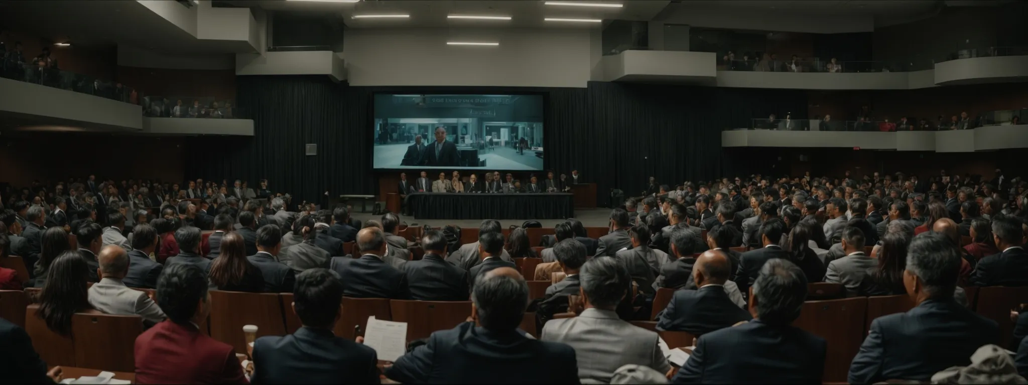 citizens gather in a town hall meeting with officials presenting information on a large screen.