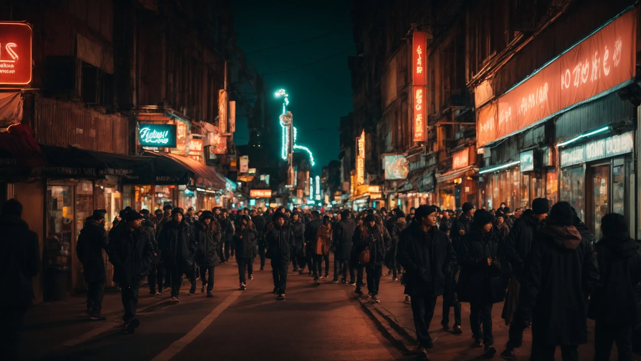 a bustling city street at twilight, alive with the neon glow of club signs and throngs of people moving between shadowy venues.
