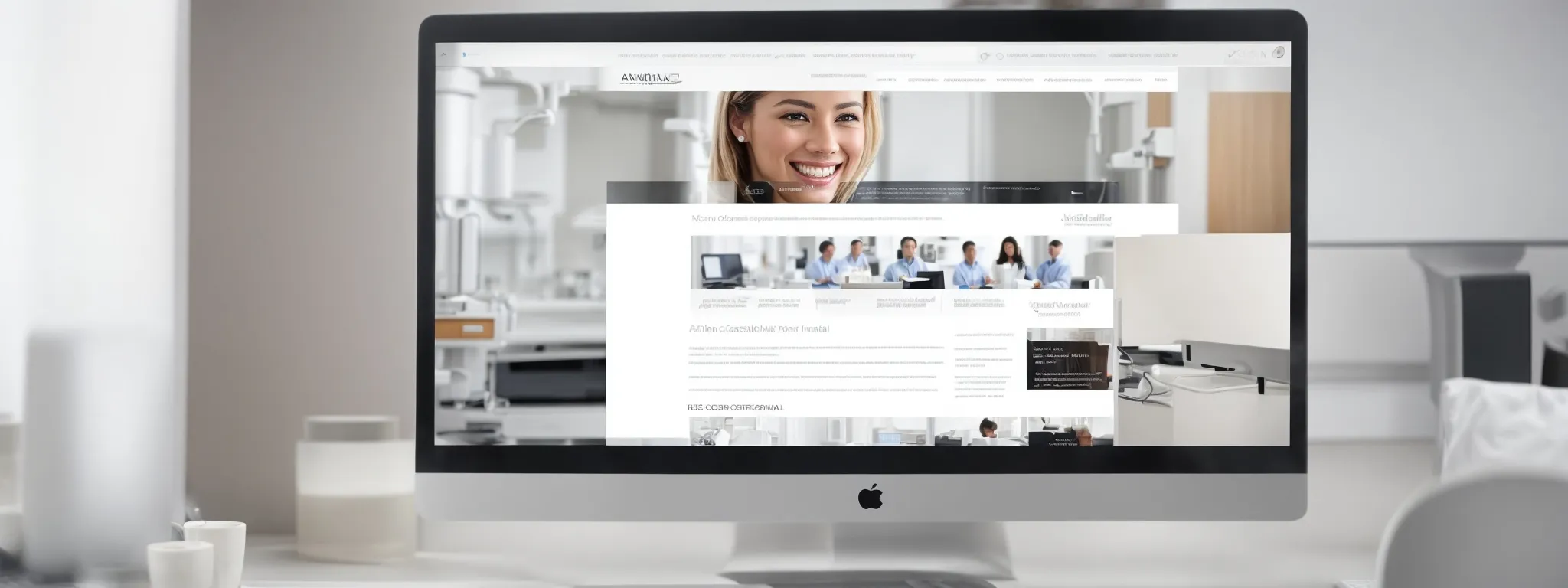 A desktop computer displays a website featuring a smiling woman and a team meeting, highlighting SEO for Dentists with overlapping webpage sections in a modern office setting.