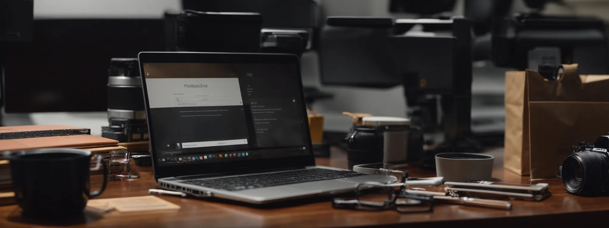 a laptop with a shopping cart full of items rests on a table alongside a notepad and camera, symbolizing the fusion of e-commerce and strategic content creation.
