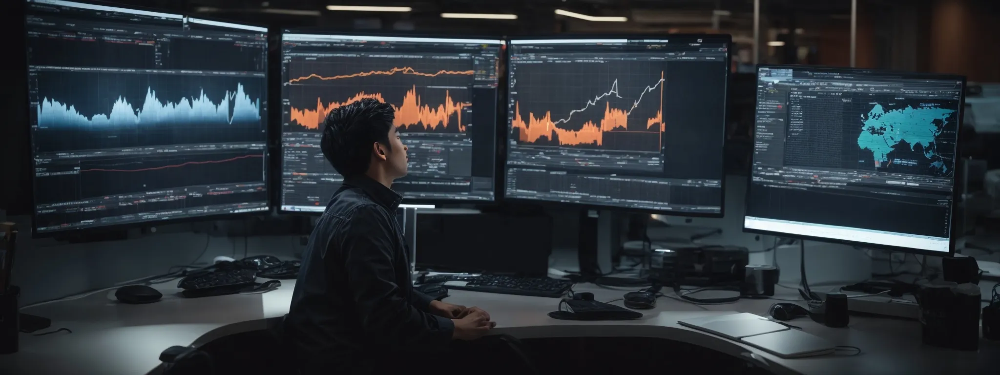 a person casually sitting at a modern workspace with multiple computer screens displaying graphs and analytics.