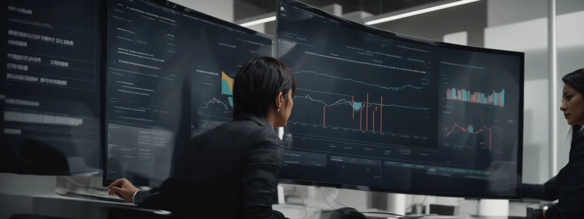 a professional in a sleek office analyzes a dynamic dashboard on a large screen, showcasing customer interaction data and analytics.