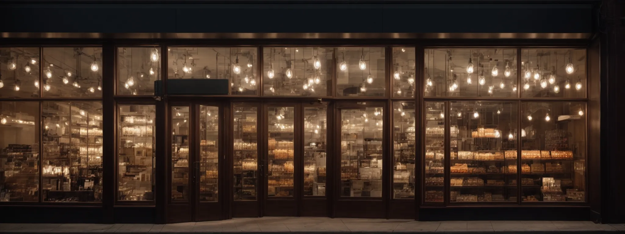 a lighting store's façade with a prominent display of various types of electric fixtures and bulbs.