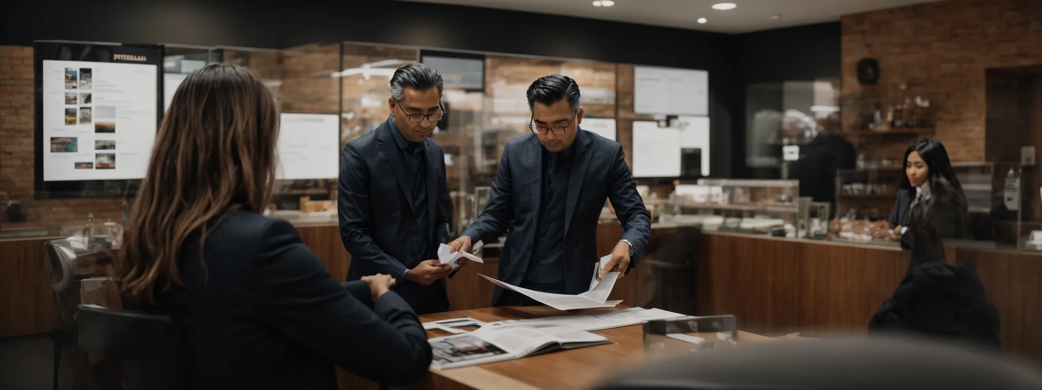 a business meeting with a local shop owner reviewing an seo service pricing brochure alongside a marketing consultant.