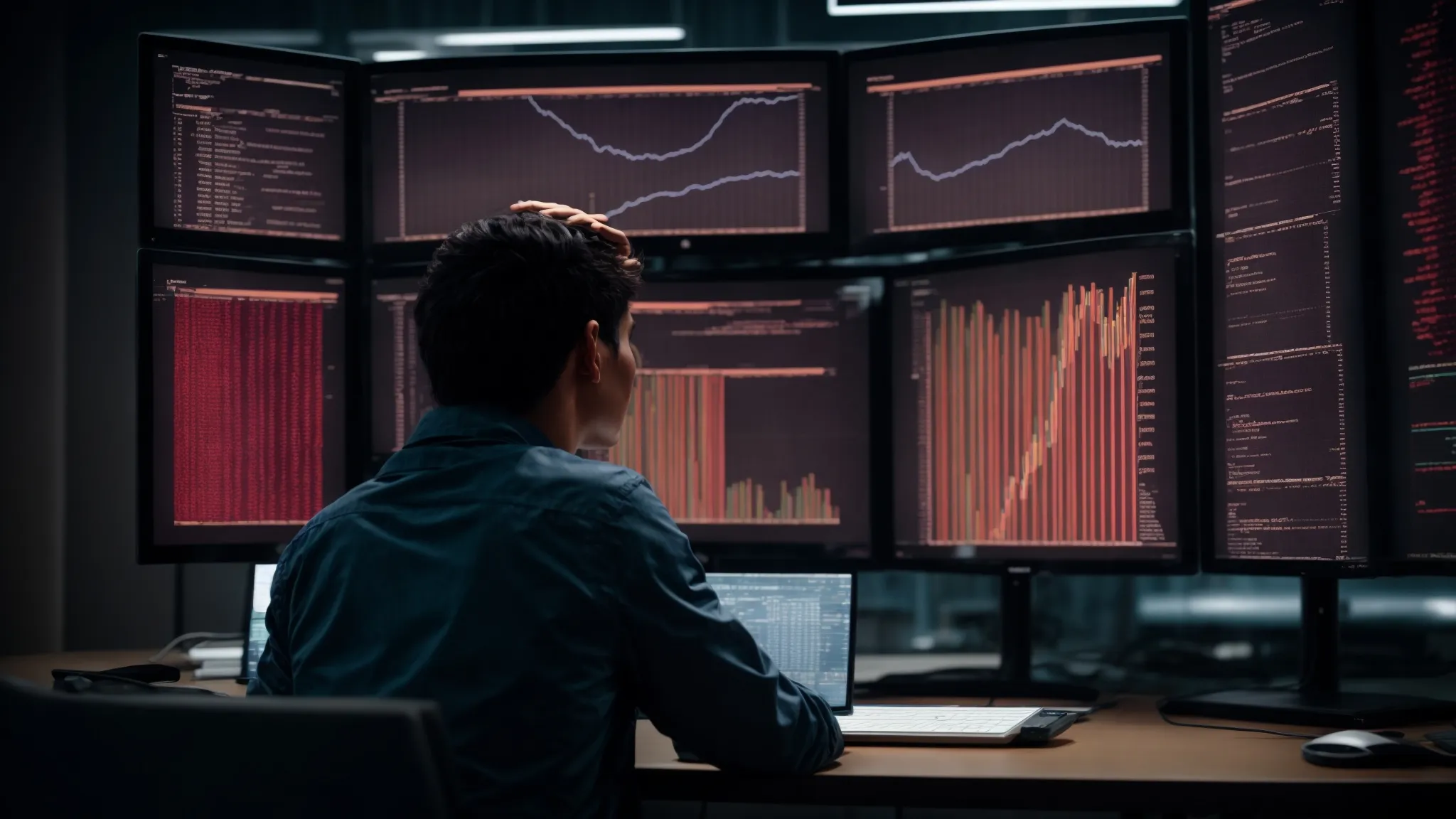 a person looking at data charts on multiple computer monitors with python code visible on one of the screens.