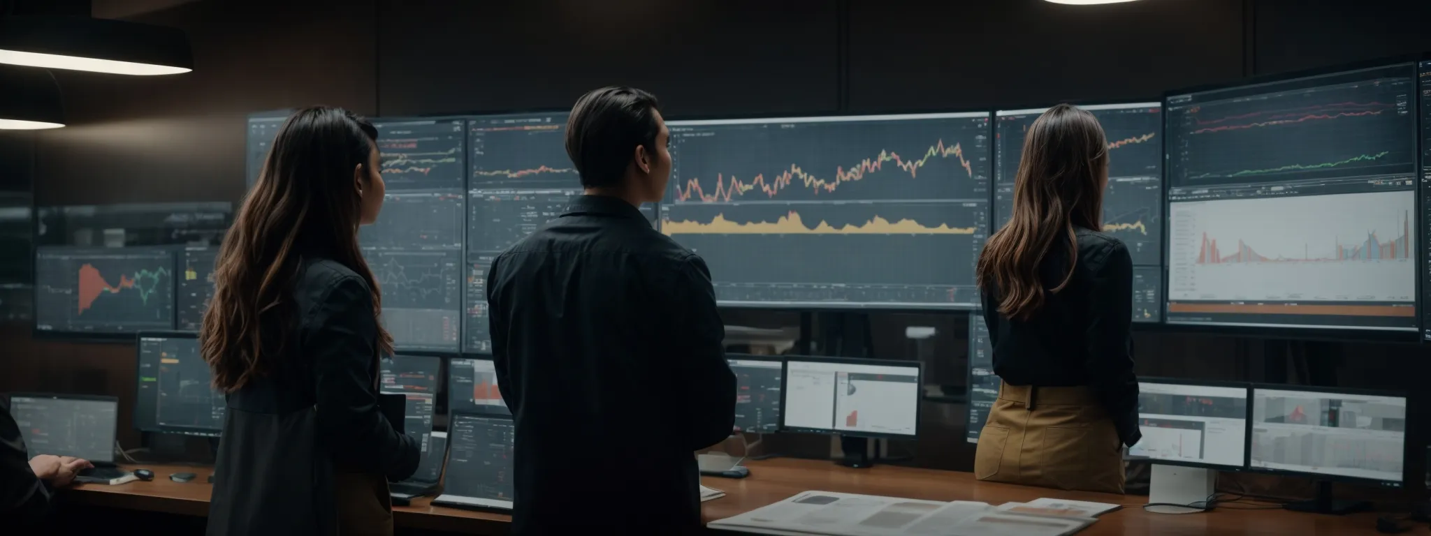 a team of professionals intently examines expansive digital dashboards displaying real-time marketing analytics and consumer trends.