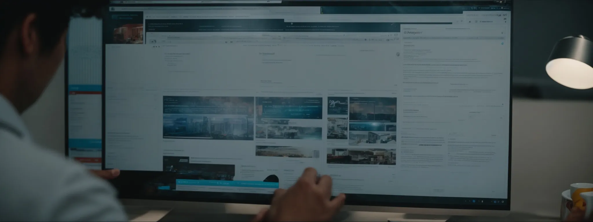 A person sits at a desk, looking at a large computer monitor displaying multiple overlapping website windows.