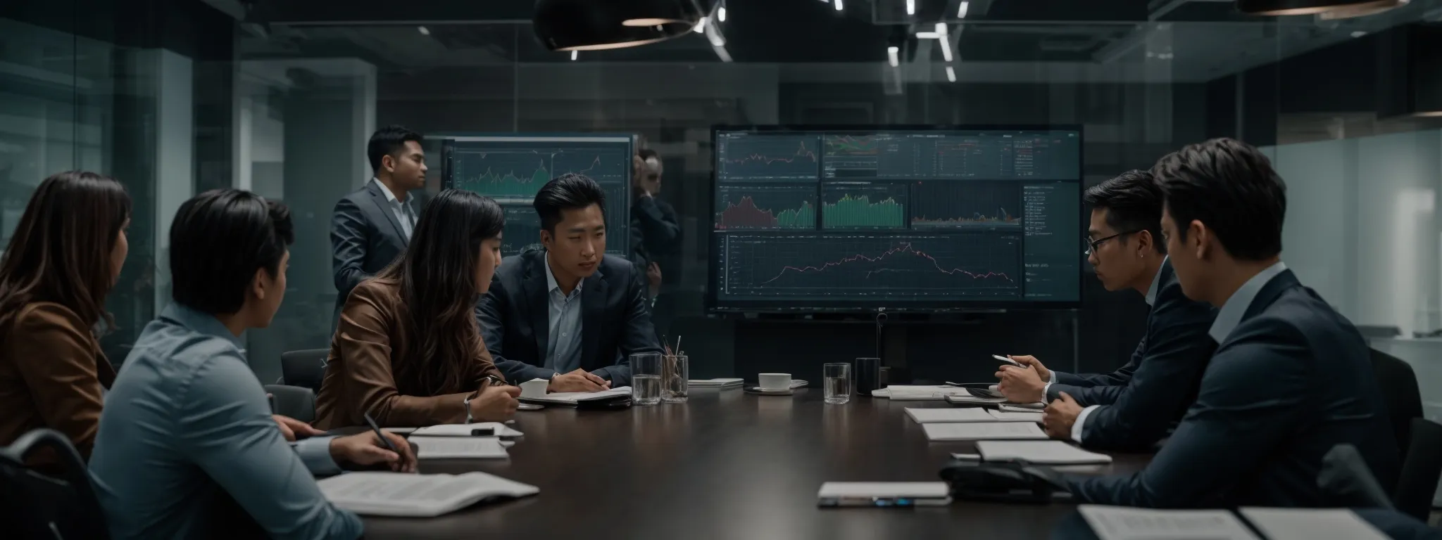 a group of professionals brainstorming around a large table with a digital analytics dashboard displayed on a screen.