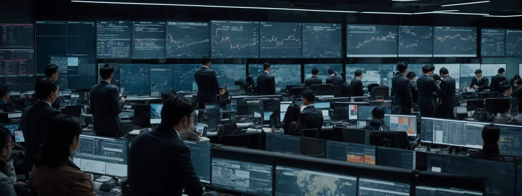 a bustling high-tech command center with marketers analyzing live interactive data visualizations on large screens.