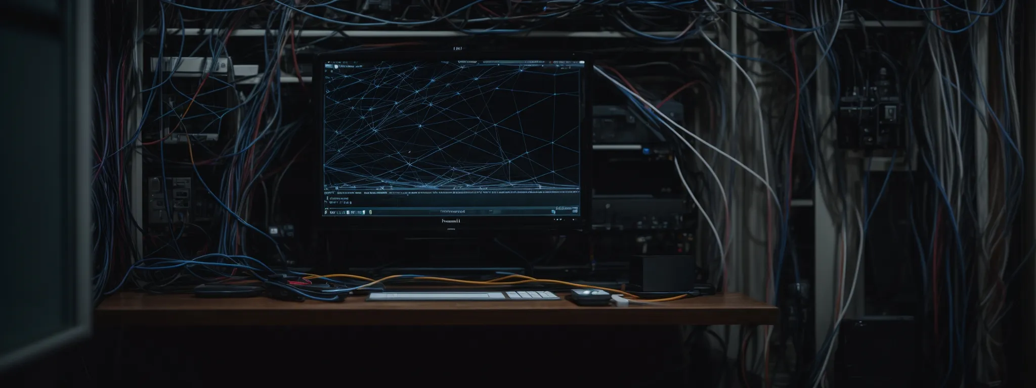 a computer screen displaying an empty browser window against a backdrop of disconnected network cables.