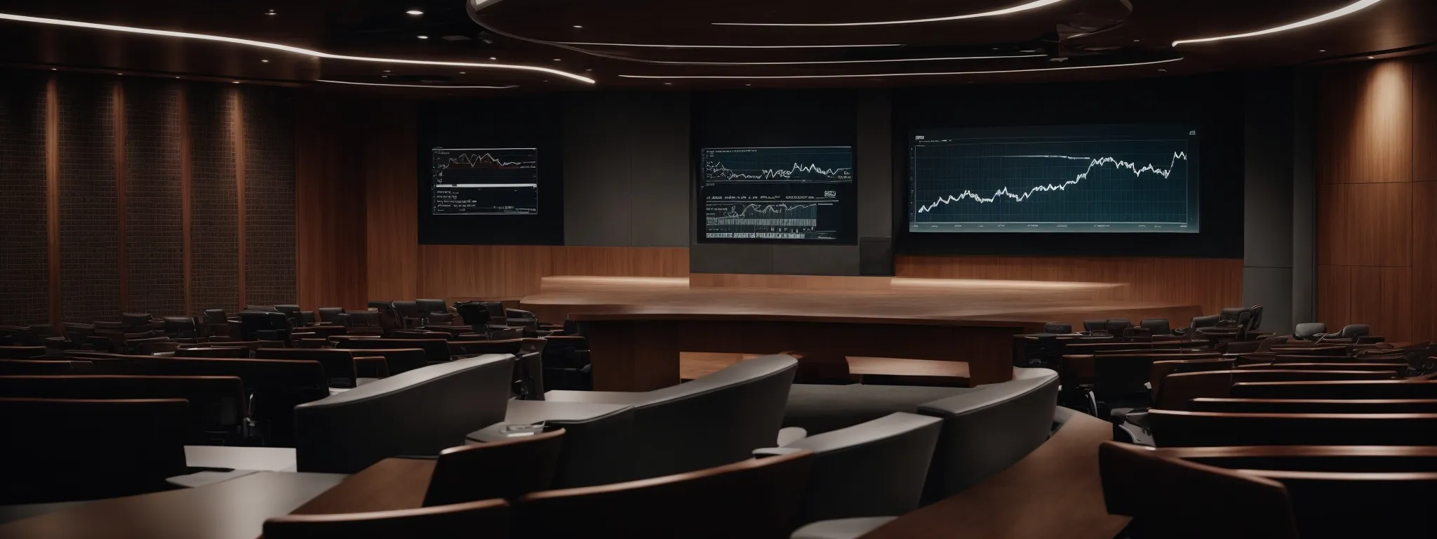 a conference room with an empty podium and a large screen displaying a technical seo graph.