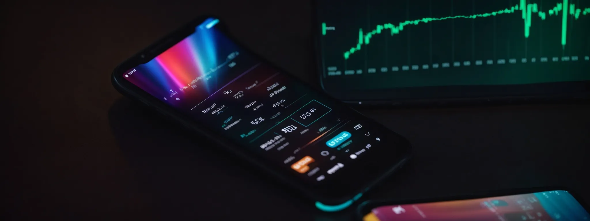 a smartphone rests on a table illuminated by the glow of colorful graphs and charts depicting user engagement statistics.
