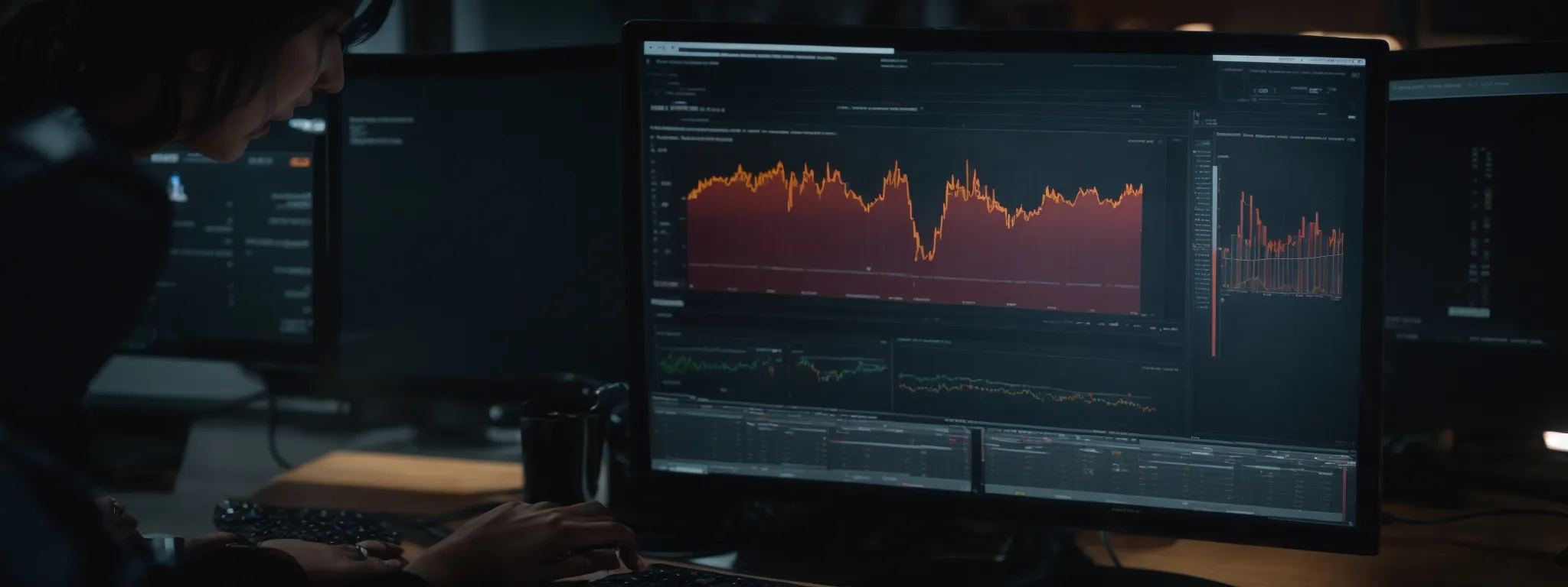 a person at a computer screen displays a complex analytics dashboard tracking website performance metrics.