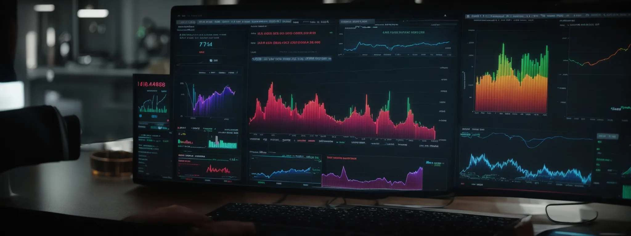 a computer screen displaying colorful graphs and charts that represent seo performance metrics.