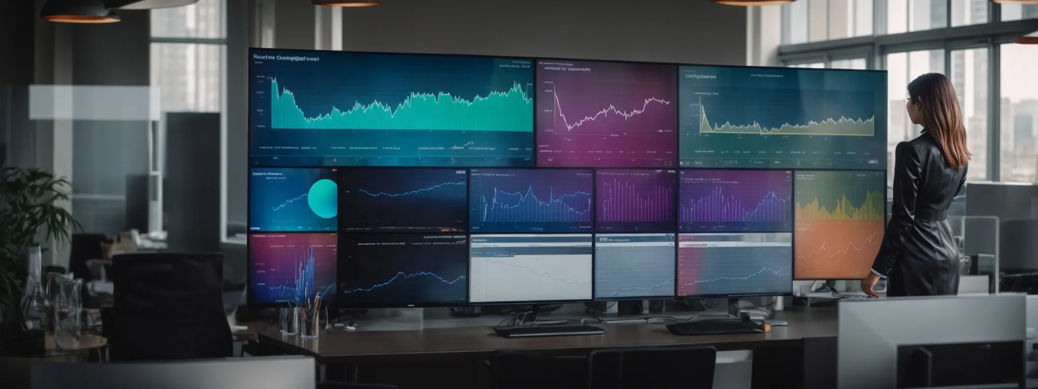 a marketer analyzes colorful graphs showing social media engagement trends on a large monitor in a modern office setting.