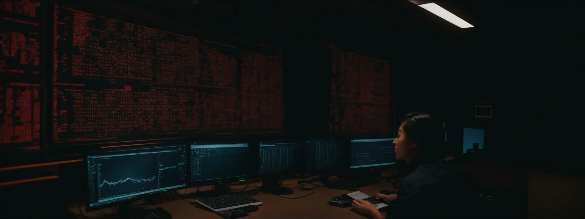 a person sitting before a large computer screen, intently analyzing data on search engine optimization.